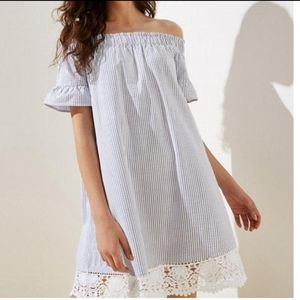 Loft seersucker and lace trim off shoulder dress